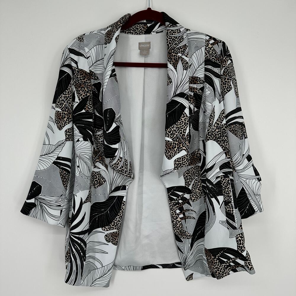 Chico's Draped Open Blazer Tropical Print Stretch Knit 3/4 Sleeve Womens 1 8/10 - Picture 2 of 8